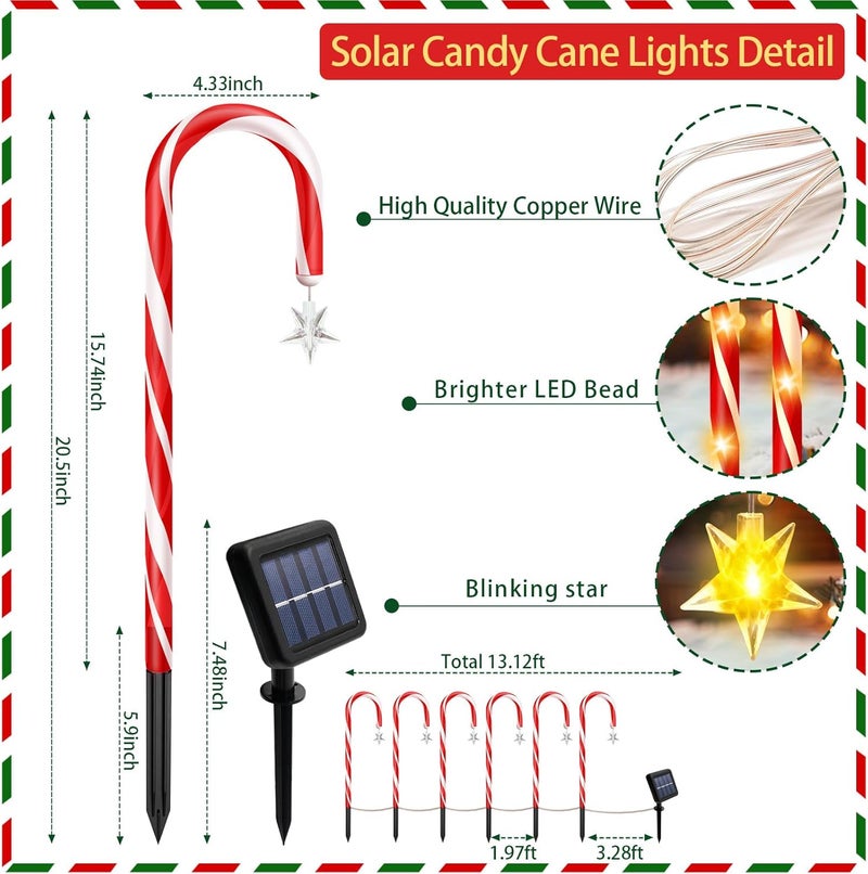 SANDECO Solar Christmas Decorations Outdoor, 12 Pack Solar Candy Cane Christmas Lights 8 Lighting Modes 180 Bright LED, Waterproof Outside Xmas DIY Decorations for Pathway Yard Garden - Image 2
